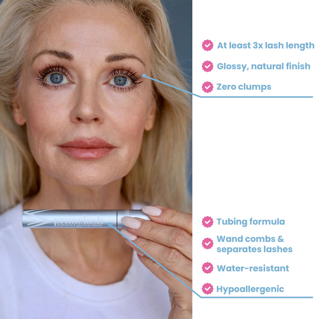 Prime Prometics PrimeLash Mascara tube and brush wand, a lengthening and volumizing mascara for mature lashes